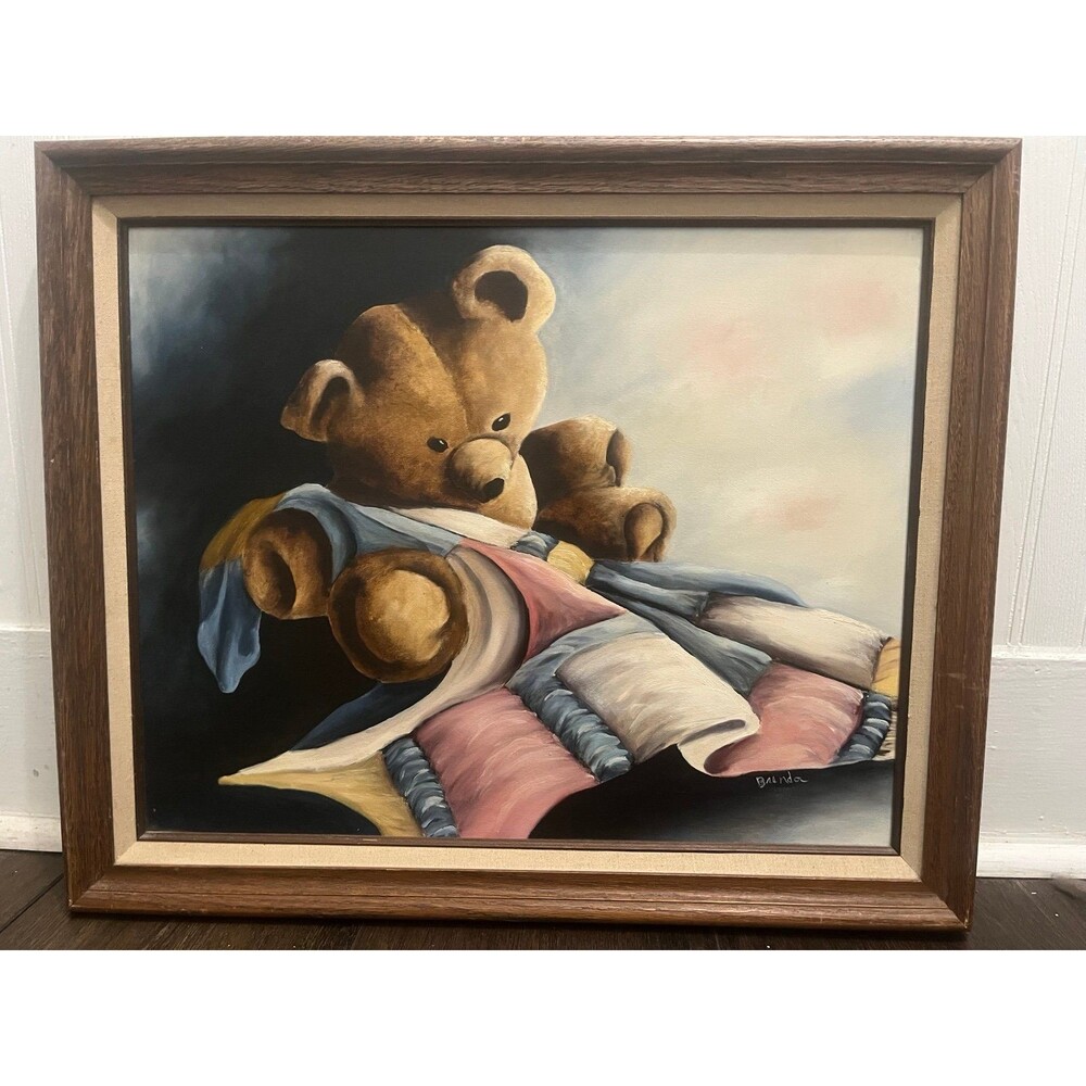 Vintage Signed Oil Painting of Teddy Bear with Blanket